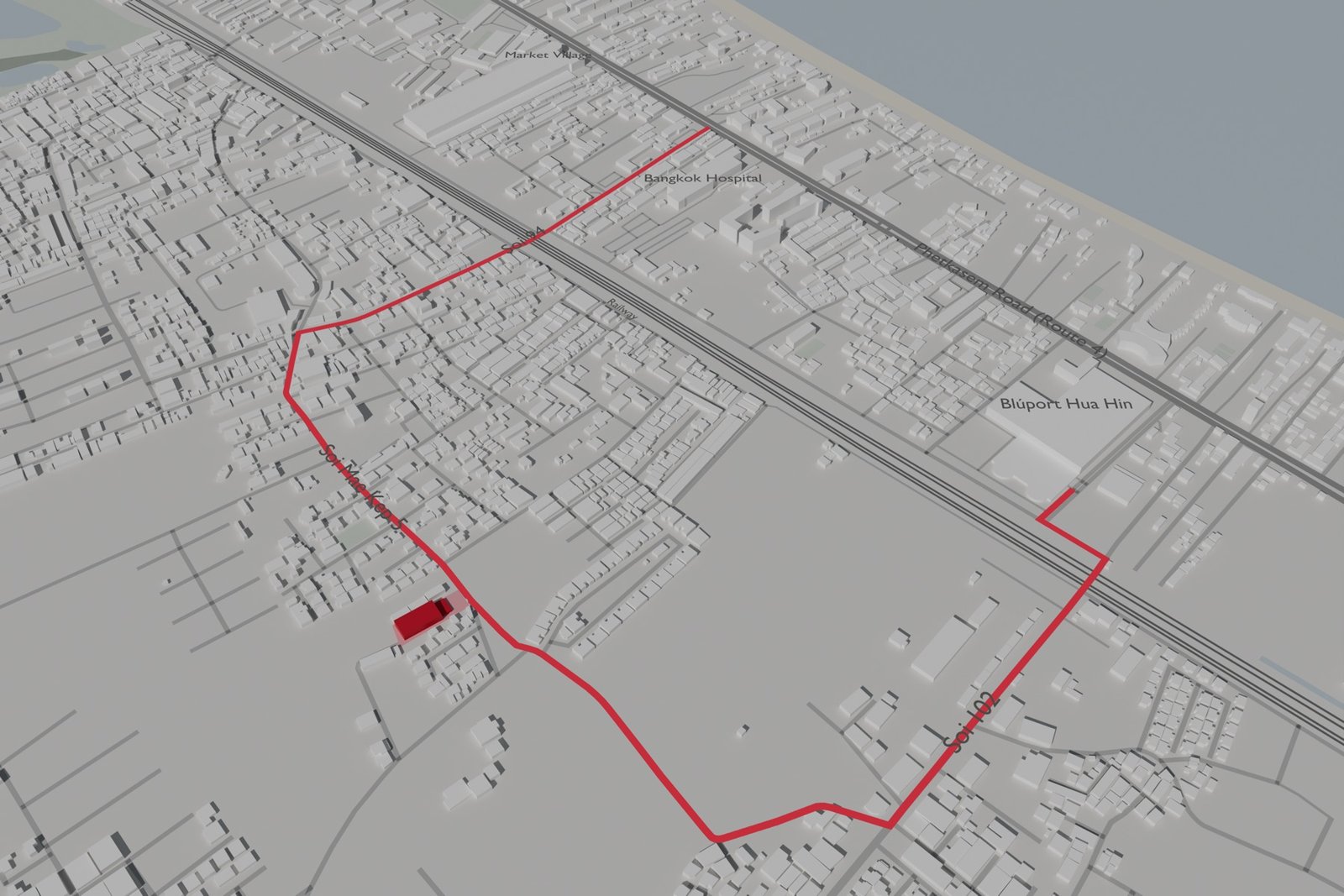 Bird's-eye map of Hua Hin around Soi 94. Padel of Thailand is the red building, with the two ways in drawn as red lines from Phetkasem Road and from Bl&uacute;port.